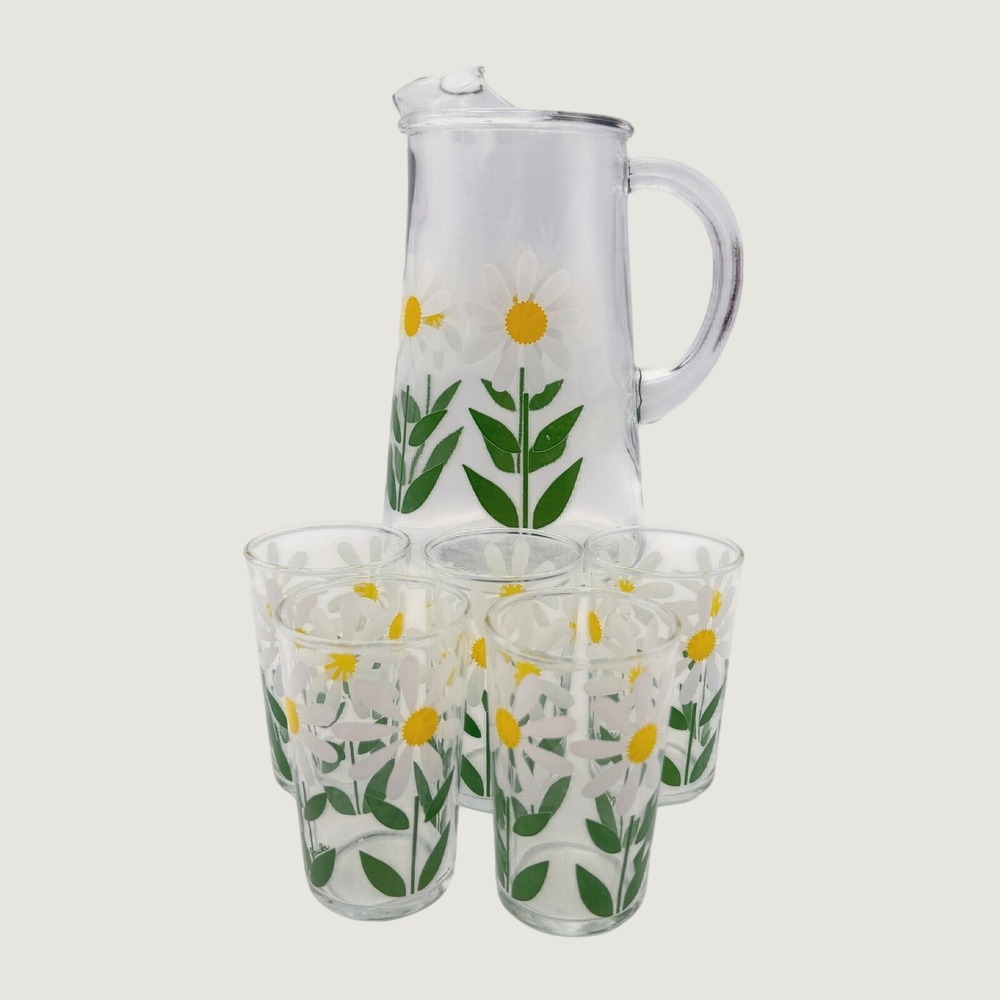 VTG Bartlett Collins Paula Daisy Glass juice Pitcher & Glasses Set Floral MCM